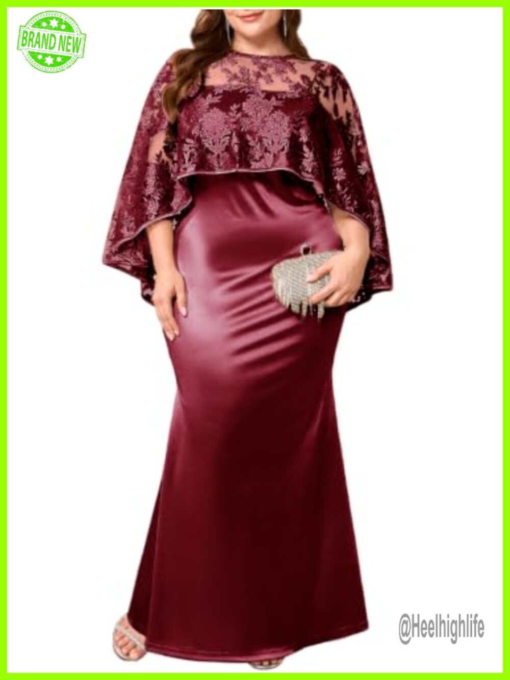Plus Size Satin Bodycon Maxi Dress with Lace Cape High-Low Formal Gown